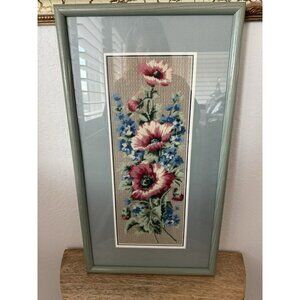 VTG Crewel Embroidery Peony &Delphium , 80s Wall Art 25"x13 1/2"